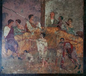 Romeinse muurschildering van een dinerfeest