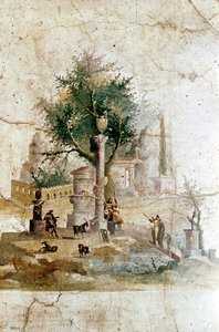 Romeinse muurschildering van een mythisch landschap, Villa van Agrippa Posthumus, nabij Pompeii, Italië door Unbekannt
