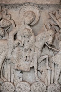 Romaans bas-reliëf van kapiteel in Autun Kathedraal met afbeelding van de Vlucht naar Egypte, Autun, Frankrijk door Unbekannt