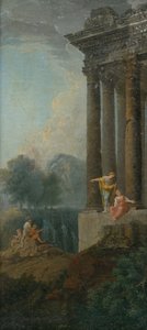 Romantisch landschap met antieke ruïne en staffage