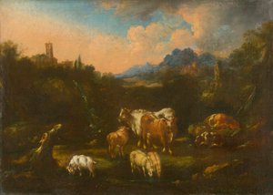 Romantisch Landschap met Kudde door Unbekannt