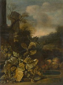Romantisch landschap met stilleven en antieke zuil door Unbekannt