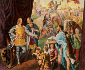 Rudolf van Habsburg ontvangt het nieuws van zijn verkiezing tot koning van Duitsland, 1273, 1936 door Unbekannt