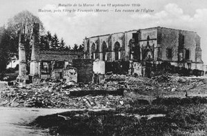 Verwoeste kerk, Huiron, Frankrijk, Slag bij de Marne, Eerste Wereldoorlog, 1914 door Unbekannt