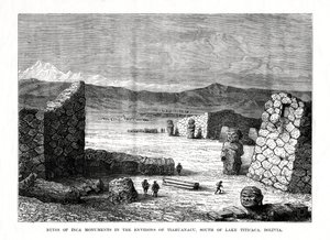 Ruïnes van Inca-monumenten in de omgeving van Tiahuanacu, ten zuiden van het Titicacameer, Bolivia, 1877