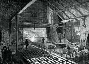 Het gesmolten ijzer in de varkens gieten, ca. 1880