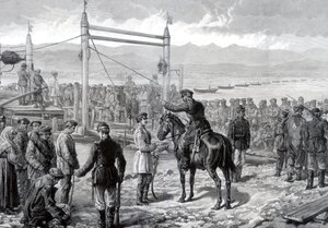Russische veroordeelden onder militaire escorte wachtend om de rivier Yenisei over te steken, Siberië, 1882 door Unbekannt