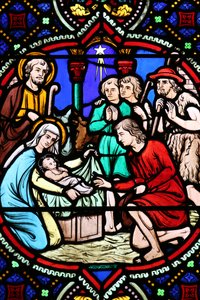 Heilig Hart kerk. Glas-in-lood raam. De Geboorte. Aanbidding van de Herders, Moulins door Unbekannt