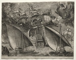 Zeilschepen: Twee galeien zeilen achter een bewapende driemaster met Phaeton..., 1561-65