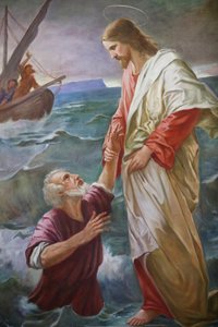 Saint-Grat kerk, Schilderij, Petrus liep op het water naar Jezus toe, maar hij werd bang en begon te zinken, en Jezus redde hem, Valgrisenche, Italië