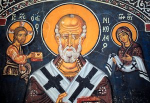 Sint-Nicolaas omringt Christus en Maria Byzantijnse fresco uit de 14e eeuw (1332) door Unbekannt