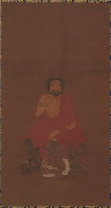 Sakyamuni zittend op drie demonachtige wezens, mogelijk Yuan tot vroege Ming-dynastie, 14e-15e eeuw