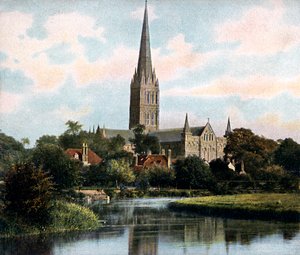 Kathedraal van Salisbury gezien vanaf de rivier de Avon, Salisbury, Wiltshire