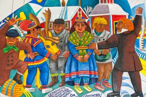 Sami-kunst; het dagelijks leven van de Sami-mensen; kleurrijk houtsnijwerk; Sami-Christelijk altaarstuk ontworpen door kunstenaar Bror Hjort in de houten kerk van Jukkasjärvi; Lapland; Norrbotten County; Zweden; Scandinavië; Europa door Unbekannt