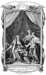 Sara, Abrahams vrouw, onvruchtbaar, biedt Hagar haar dienstmaagd aan haar man aan, ca. 1804 door Unbekannt
