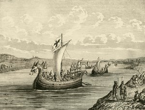Scandinavische schepen die een rivier opvaren, 1890