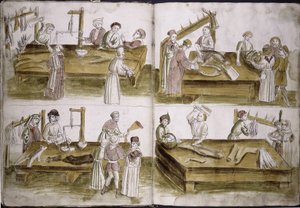 Scène uit het marktleven met slagers uit: Ulrich Richental Kroniek van het Concilie van Konstanz, 1414-1418