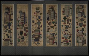 Geleerden boeken en gereedschappen Chaekkori. Zesdelig vouwscherm