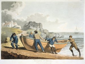 Zeelieden trekken een klinkerbootje op de kust