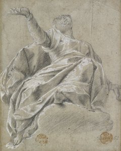 Zittende vrouwelijke figuur op een wolk, omhoog kijkend, 1600-1675