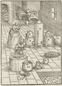 Scheiding van goud- en kwikertsen - Gravure uit Beschrijving van mineralen en de belangrijkste mijnbouwmethoden, van Lazarus Ecker