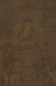 Shakyamuni Triade: Boeddha bijgestaan door Manjushri en Samantabhadra, ca. 900 door Unbekannt