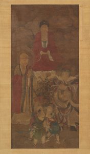Shakyamuni met luohan, hemelse koning en jongens, begin 17e eeuw