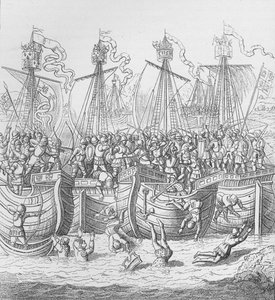 Schepen bij La Rochelle, Frankrijk, in 1372, ca. 1804 door Unbekannt