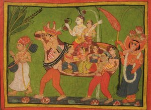 Shiva en Parvati op een samengestelde koe gemaakt van vrouwen