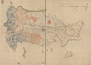 Toont bergen, rivieren, steden, dorpen, markten, tempels en wegen in Anyang County, Henan Province door Unbekannt