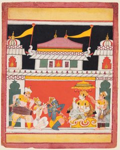 Shri Raga, uit een Ragamala-serie, Drie muzikanten spelen voor een edelman, c. 1650