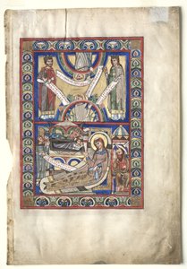Enkel blad uit een evangelieboek: De geboorte recto en St. Matteüs verso door Unbekannt