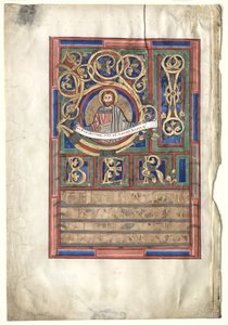 Enkel blad uit een evangelieboek met initiaal L[iber generationis]: St. Matteüs verso, ca. 1190