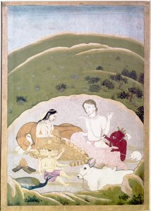 Siva en Parvati met hun kinderen, Ganesh en Karttikgya op de berg Kailash, ca. 1745 door Unbekannt