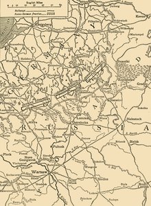 Schetskaart om de Duitse aanval ten noorden van Warschau in februari 1915 te illustreren, ca. 1920 door Unbekannt