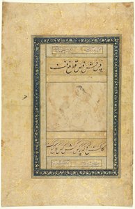 Schets van een jonge man, enkele pagina, illustratie en tekst Perzische verzen, 1630-1650 door Unbekannt