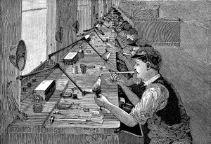 Soldeerwerk aan fietsonderdelen in een Amerikaanse fabriek, ca. 1900 door Unbekannt