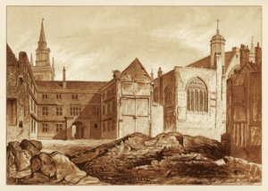 Zuidoostelijke aanblik van Guildhall Chapel en Blackwell Hall, City of London, 1886