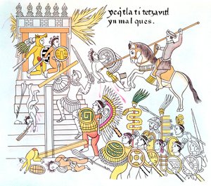 Spaanse conquistadores met hun inheemse Tlazcalan-bondgenoten die een Azteekse tempel aanvallen, 16e eeuw
