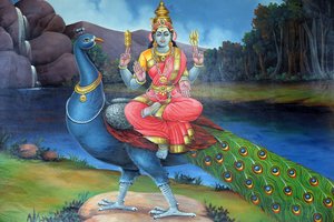 Sri Mariamman hindoeïstische tempel. Sri Gowmari met pauw, symbool van Subramanyan. Singapore door Unbekannt