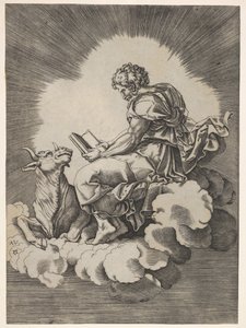 Sint Lucas, zittend op een wolk met een open boek in beide handen, een stier liggend aan zijn voeten, na 1518