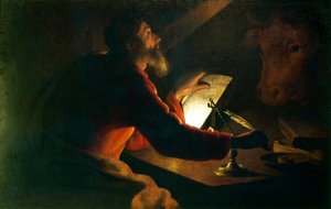 Sint Lucas de Evangelist schrijft zijn Evangelie, bekeken door zijn symbool, een os