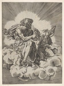 Sint Mattheüs, zittend op een wolk met gekruiste benen en een pen in een inktpot doopend door Unbekannt