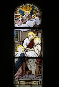Glas-in-lood in de Notre Dame du Rosaire katholieke kerk: Sint Jozef, patroonheilige van de dood, Saint-Ouen, Frankrijk