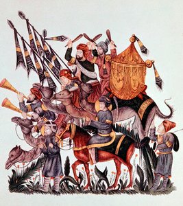 Vaandeldragers, drummers en trompetters van een Saraceens leger, 13e eeuw