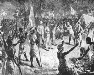 Stanleys ontmoeting met Emin Pasha, 29 april 1888, bij Kavalli door Unbekannt