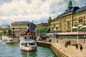Stoomboot aan de kade bij het Grand Hotel, Stockholm, ca. 1928 door Unbekannt