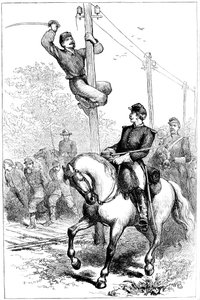 Stuarts cavalerie snijdt telegraafdraden door, Amerikaanse Burgeroorlog, ca. 1861-1864 ca. 1880 door Unbekannt