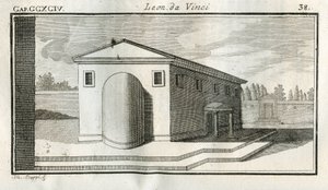 Studies over de sovrapposizione di edifici. “Wanneer de lichamen met een convexe oppervlakte eindigen boven andere lichamen van dezelfde kleur, zal het einde van de convexiteit donkerder lijken.” Gravure uit “Verhandeling over de schilderkunst” door Leonar door Unbekannt