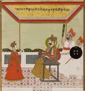Surat Singh zit op een leeuwenarmige troon en ontvangt zijn jonge zoon, ca. 1800